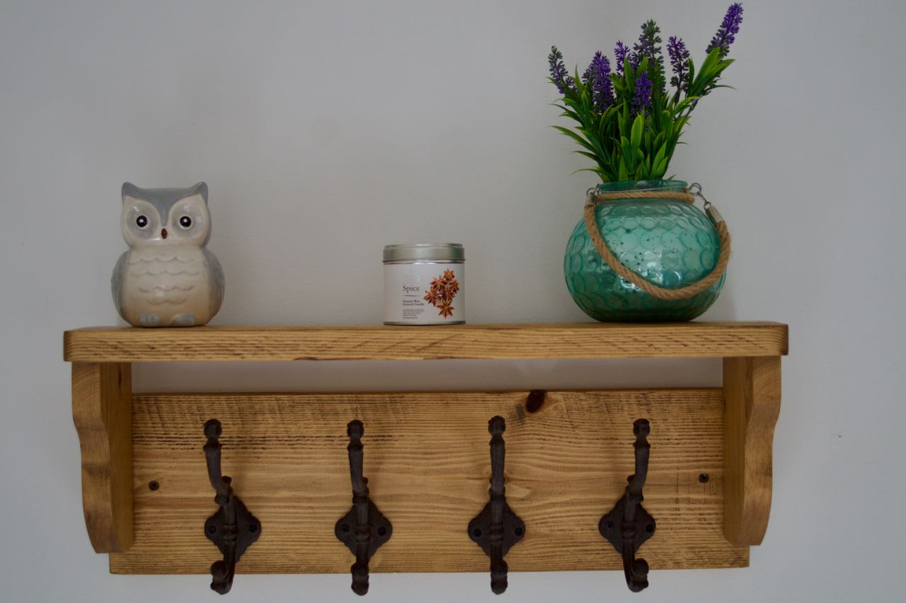 Handmade Farmhouse Style Heavy Rustic Hat/Coat Rack With Shelf And 4 Cast Iron Hooks