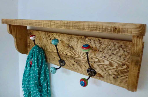 Rustic Hat / Coat Rack Complete With Shelf and 3 ceramic hooks