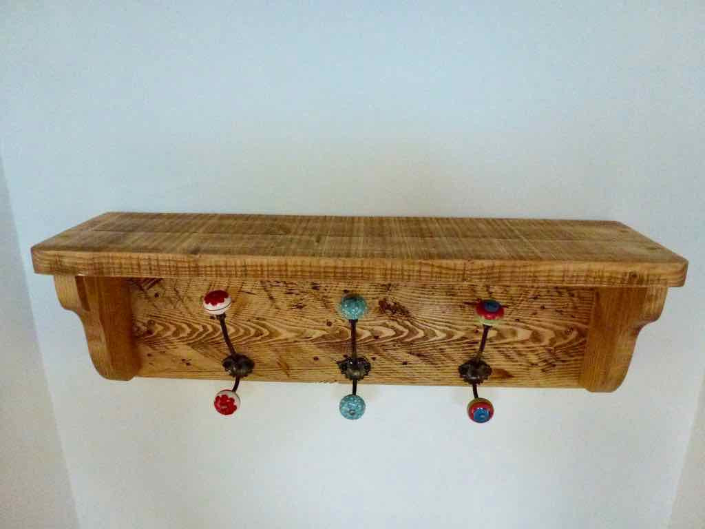 Rustic Hat / Coat Rack Complete With Shelf and 3 ceramic hooks