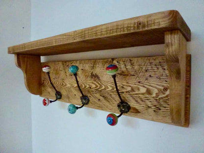 Rustic Hat / Coat Rack Complete With Shelf and 3 ceramic hooks