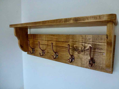 Rustic Hat / Coat Rack With Shelf and 5 Cast Iron Hooks