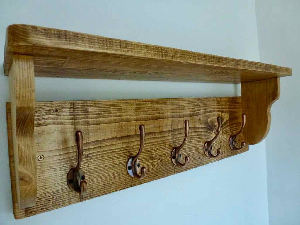Rustic Hat / Coat Rack With Shelf and 5 Cast Iron Hooks