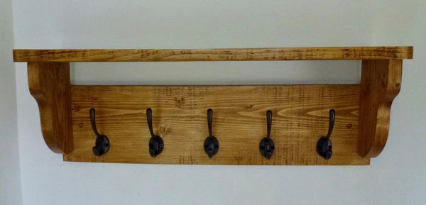 Rustic Hat / Coat Rack With Shelf and 5 Cast Iron Hooks- Farmhouse Sty ...