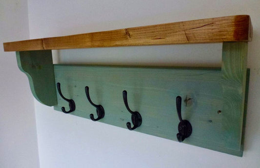 Farmhouse Style Hat / Coat Rack Complete With Shelf and 4 Cast Iron Hooks