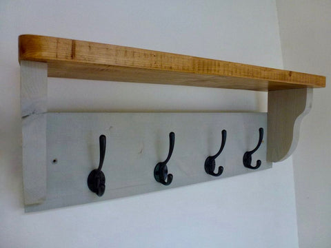 Farmhouse Style Hat / Coat Rack Complete With Shelf and 4 Cast Iron Hooks