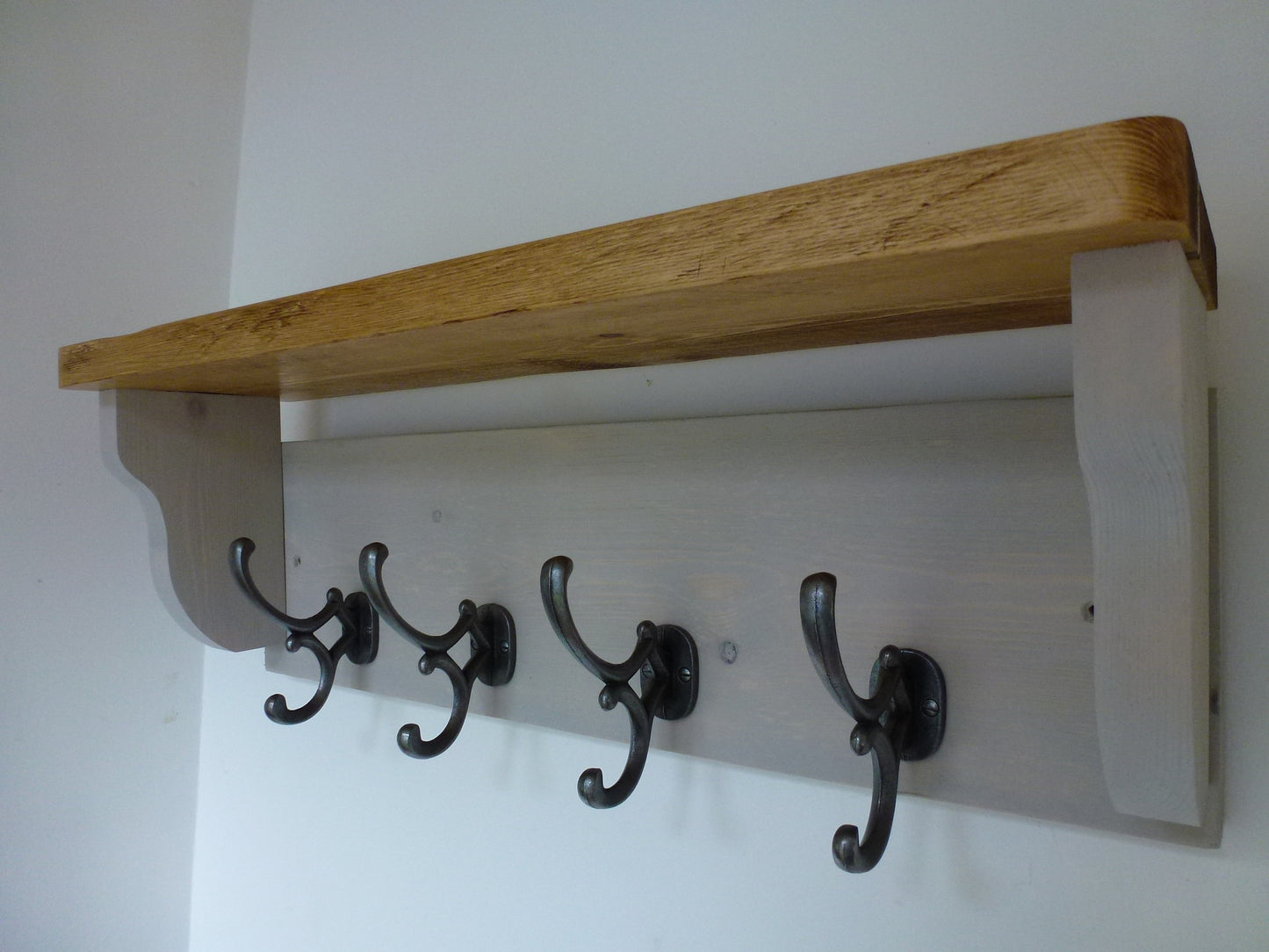 Rustic Hat / Coat Rack Complete With Shelf and 4 Antique Cast Iron Hooks