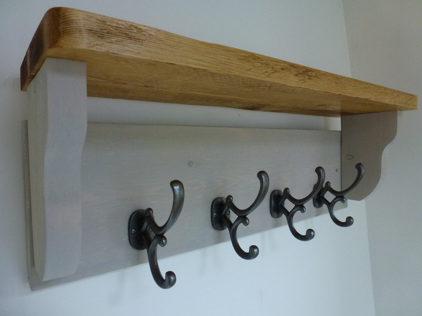 Rustic Hat / Coat Rack Complete With Shelf and 4 Antique Cast Iron Hooks