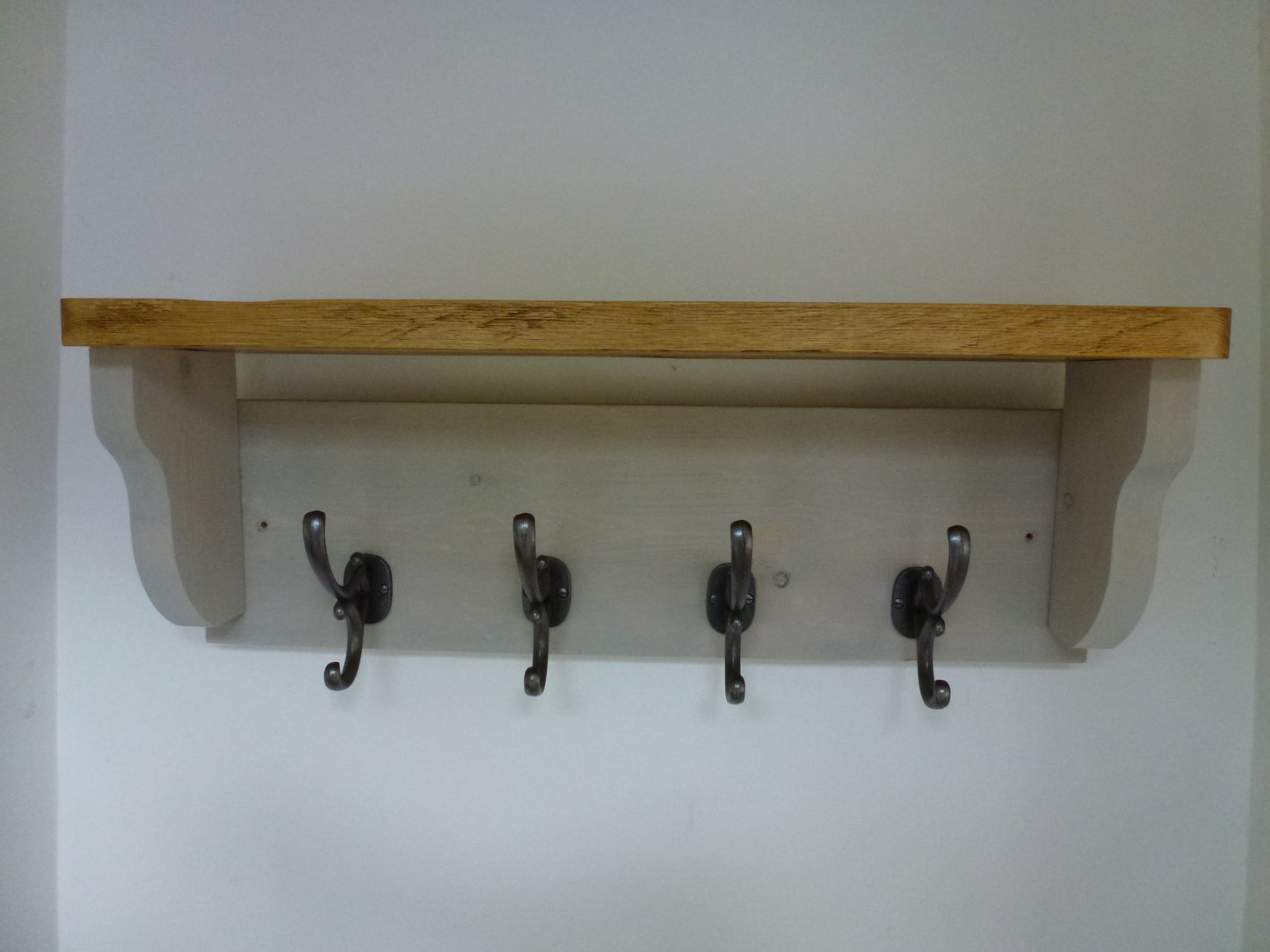 Rustic Hat / Coat Rack Complete With Shelf and 4 Antique Cast Iron Hooks