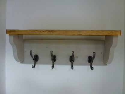 Rustic Hat / Coat Rack Complete With Shelf and 4 Antique Cast Iron Hooks
