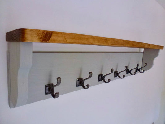 Farmhouse Style  Hat / Coat Rack Complete With Shelf and 6 Stylish Antique Cast Iron Hooks