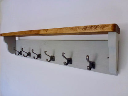 Farmhouse Style  Hat / Coat Rack Complete With Shelf and 6 Stylish Antique Cast Iron Hooks