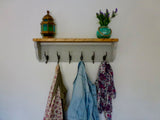 Rustic Hat / Coat Rack Complete With Shelf and 6 Antique Cast Iron Hooks