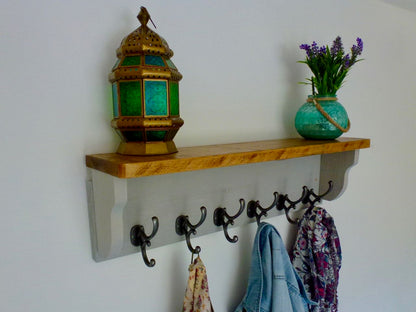 Rustic Hat / Coat Rack Complete With Shelf and 6 Antique Cast Iron Hooks