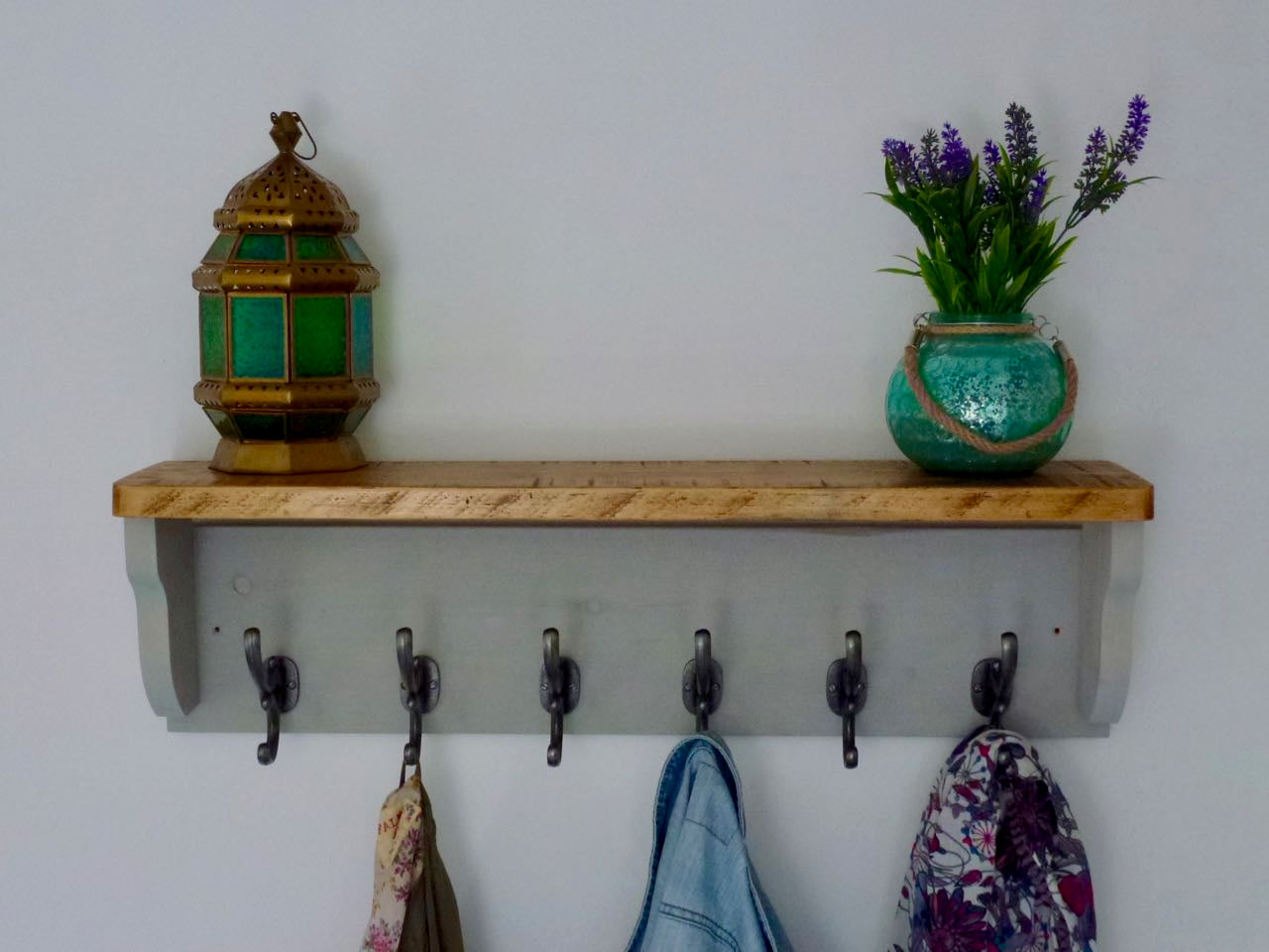 Rustic Hat / Coat Rack Complete With Shelf and 6 Antique Cast Iron Hooks