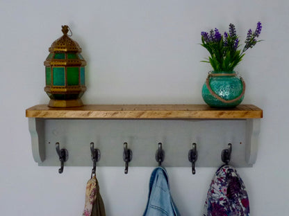 Rustic Hat / Coat Rack Complete With Shelf and 6 Antique Cast Iron Hooks