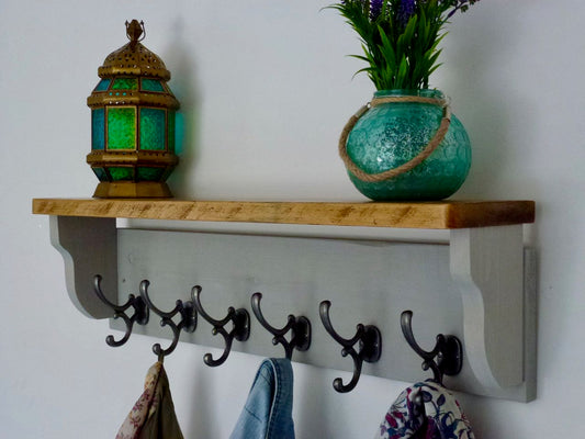 Rustic Hat / Coat Rack Complete With Shelf and 6 Antique Cast Iron Hooks